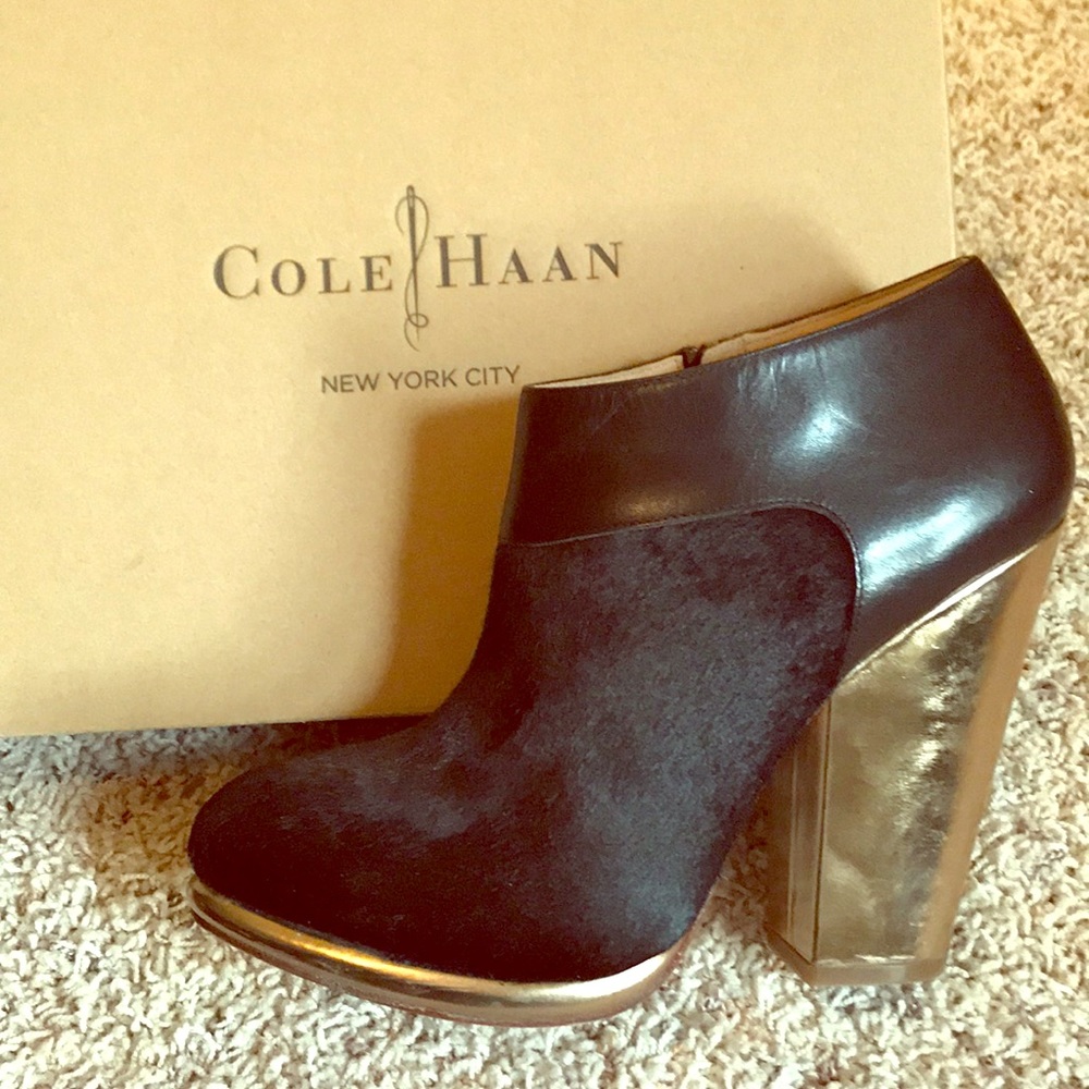 Black and gold calf hair booties